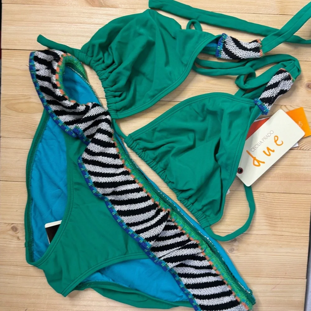 Cecilia Prado Green Zebra Trim Bikini Set Tie Side Swimwear NWT Med/Large